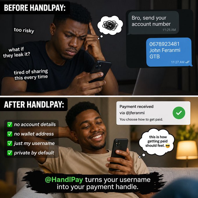 A before/after advertisement for HandlPay showing a man stressed about sharing bank details (account 0678923481 John Feranmi GTB) versus relaxed receiving a payment via @jferanmi username, with text: 'no account details, no wallet address, just my username, private by default.' @HandiPay turns your username into your payment handle.