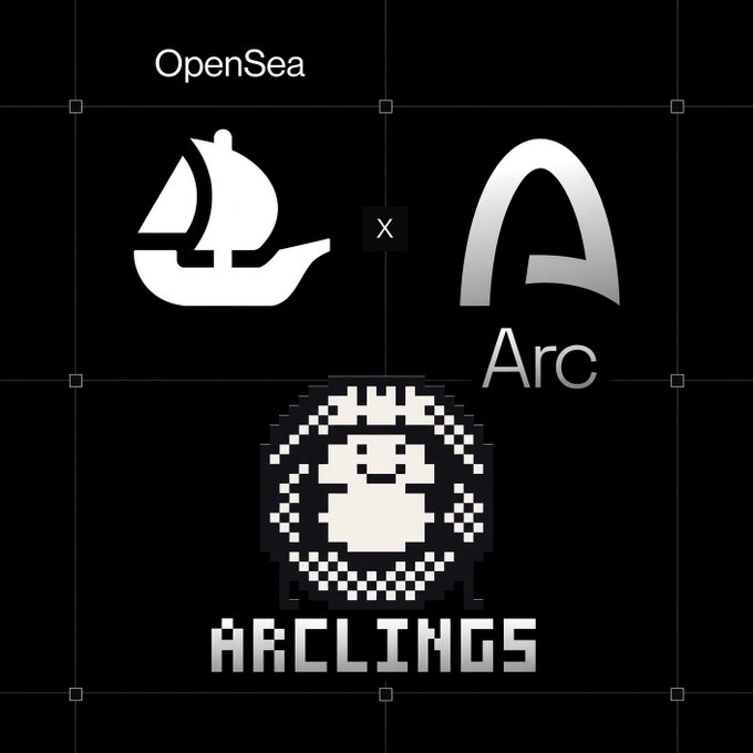 The image features the OpenSea and Arc logos alongside the “ARCLINGS” pixel-art NFT logo, promoting an Arc NFT ecosystem giveaway with 5 whitelist spots for the community.