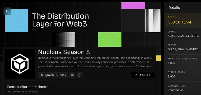 A dark-themed dashboard interface titled 'The Distribution Layer for Web3' featuring 'Nucleus Season 3' with details showing an end date of 38D 10H 15M, opening August 19, 2026, and 5,000 total available spots.