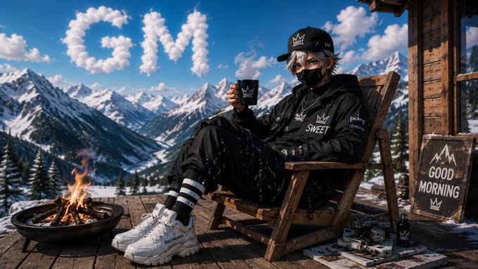 A person in black streetwear, a balaclava, and a baseball cap sits in a wooden chair on a snowy mountain deck, holding a black mug with steam rising from it. A fire pit burns nearby and a wooden sign reads 'GOOD MORNING.'