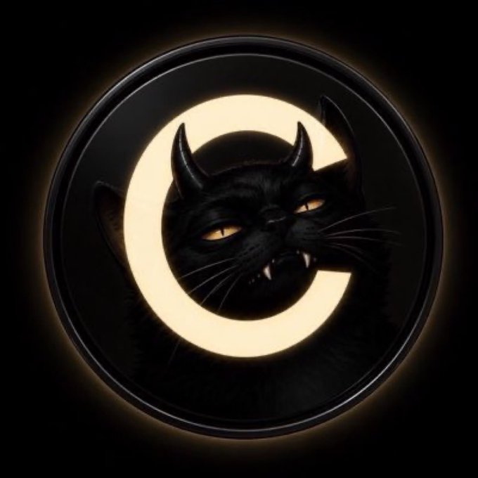 A digital illustration depicts a black cat with glowing yellow eyes and small horns emerging from the center of a glowing crescent 'C' shape against a dark background.