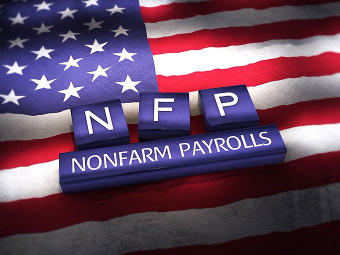 Blue blocks spelling 'NFP' and 'NONFARM PAYROLLS' rest on an American flag.