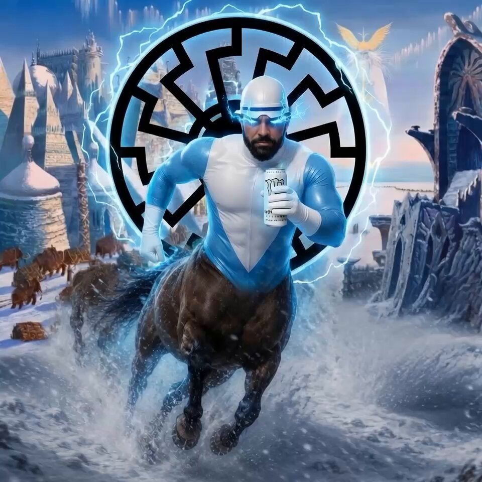 The image features a man dressed as a superhero, wearing a blue and white suit with a helmet that has a lightning bolt design. He holds a can of beer while riding a horse through a snowy landscape. The background includes a castle-like structure surrounded by snow, suggesting an icy or wintery setting. The caption to the post reads "Can'T you hear the thunder?". This implies that there is some sort of storm or weather event happening in the scene, which adds to the overall atmosphere and intensity of the image.

The man's attire and the presence of a horse suggest that they are on an adventure or journey through this snowy landscape. The lightning bolt helmet and the beer can indicate that he might be taking a break from his mission or simply enjoying himself in the midst of their travels.