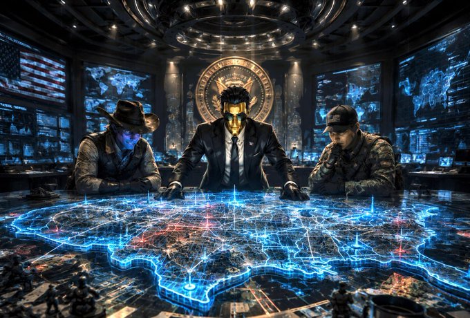 The image features three men sitting at a table, with one of them wearing a mask that resembles a man from another planet. They are all dressed in suits and hats, suggesting they might be part of an important meeting or gathering. The room has a futuristic design, which adds to the overall atmosphere of the scene. In the background, there is a large screen displaying a map with blue lines representing different countries. This could indicate that the men are discussing international relations or planning some sort of mission related to global politics and security.