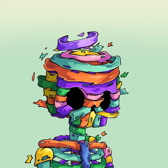 A colorful, abstract, graffiti-style skull is depicted on a light green background.