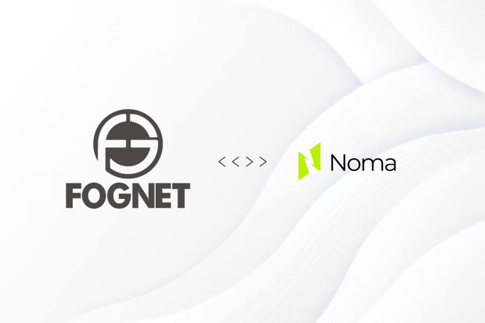 A clean white graphic displaying the FOGNET logo on the left and the Noma logo on the right, separated by code-style bracket symbols '<<<>>>'.