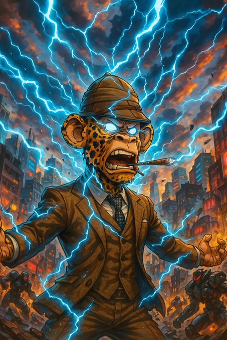 An illustrated anthropomorphic cheetah character wearing a brown suit, tie, and detective hat smokes a cigar amid blue lightning bolts. The dramatic scene features a burning cityscape with robotic figures in the foreground.