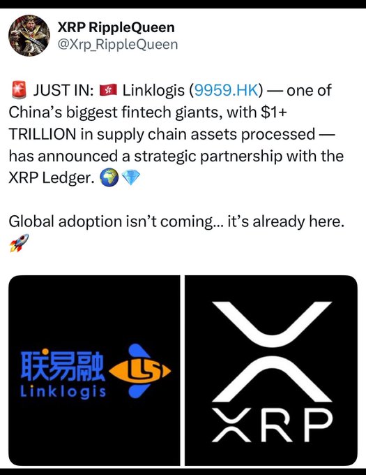 A tweet from XRP RippleQueen (@Xrp_RippleQueen) announcing a strategic partnership between Linklogis (9959.HK) and the XRP Ledger, featuring logos of both companies.