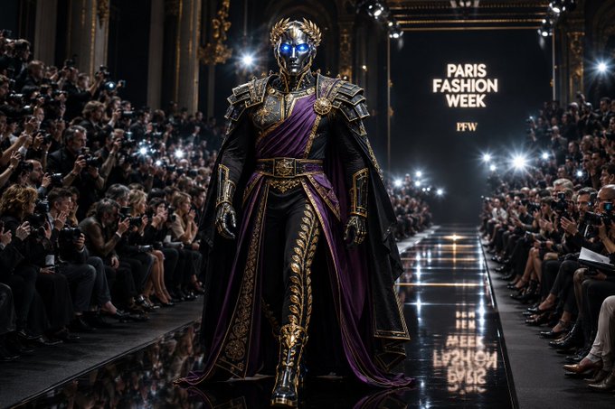 A futuristic figure wearing ornate black and purple armor with gold accents and a golden helmet walks a runway during "Paris Fashion Week" ("PFW"), flanked by a crowd of photographers.