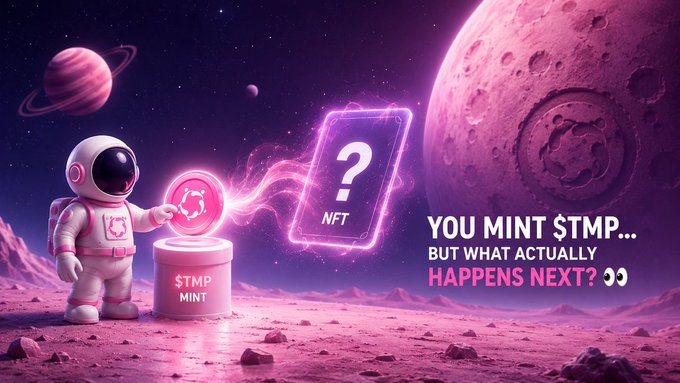 A sci-fi themed graphic shows an astronaut on a pink planet placing a coin into a '$TMP MINT' slot, with a glowing NFT card featuring a question mark, asking 'YOU MINT $TMP... BUT WHAT ACTUALLY HAPPENS NEXT?'