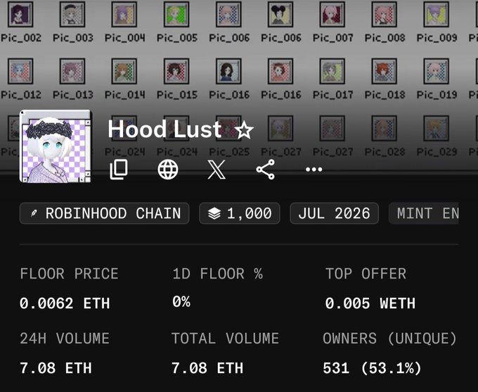 An NFT marketplace interface displays a collection titled "Hood Lust" with 1,000 items on the Robinhood Chain, showing a floor price of 0.0062 ETH and 24H volume of 7.08 ETH.