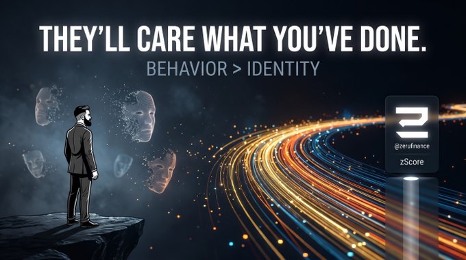 Motivational graphic reading 'THEY'LL CARE WHAT YOU'VE DONE. BEHAVIOR > IDENTITY' by zScore (@zerofinance), featuring a man on a cliff with glowing colorful light trails.