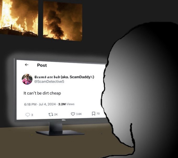 The image shows a person looking at a computer screen, which displays a message from someone named "ScamBob". The message reads: "ScamBob are baka. Scam Daddy". The person's profile picture is also visible on the screen. The background of the image features a fire burning in the distance and another fire behind it.