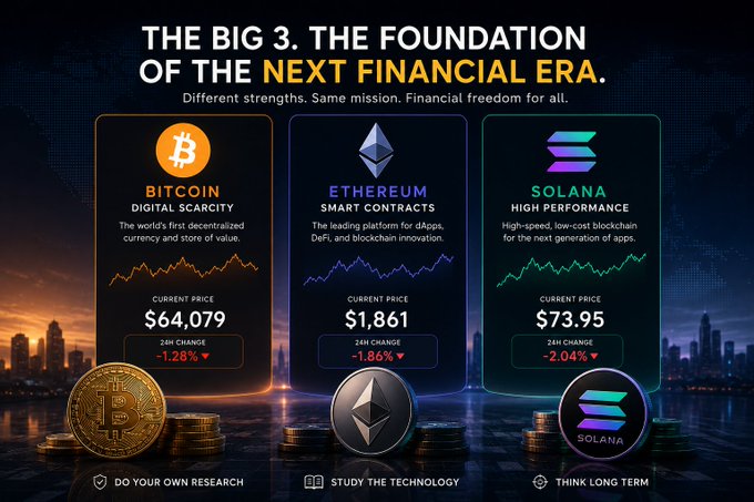 A promotional graphic titled "The Big 3: The Foundation of the Next Financial Era" showcases current prices for Bitcoin ($64,079), Ethereum ($1,861), and Solana ($73.95), all displaying 24-hour declines of approximately 1-2%, highlighting each cryptocurrency's core strength—digital scarcity, smart contracts, and high performance. The image aligns with the post's message about market volatility while emphasizing the strong fundamentals driving these leading blockchain assets.