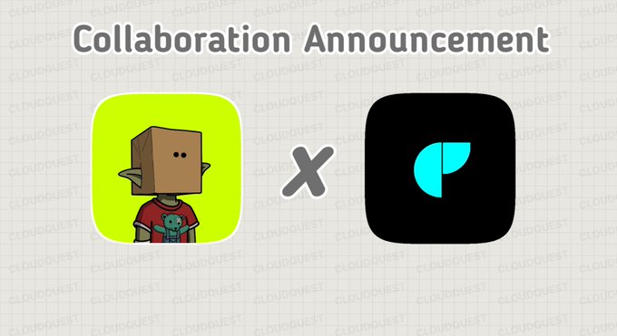 A 'Collaboration Announcement' graphic showing two app icons side by side separated by an X - one featuring a character with a box head on a green background and another with a cyan logo on a black background, with 'CLOUDQUEST' watermarks.