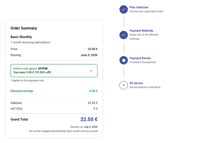 The image shows a screenshot of a shopping cart page from Rotki website. It displays a list of items, including apples for €2.50 (€2.49/lb) and bananas for €1.25 each. The total cost of the items in the cart is displayed as €4.75. 

There are also several buttons on the screen that offer various payment options to choose from. The primary focus of the image is a button labeled "Payer", which allows users to pay by credit card or PayPal. Another button labeled "Referrals" can be used for discounts if referred by someone else who subscribes to Rotki.