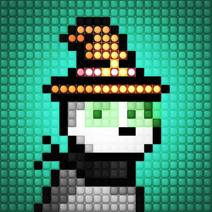 Pixel art style image depicting a character wearing a black hat against a teal pixelated background, with glowing orange/yellow lights forming a face-like pattern.