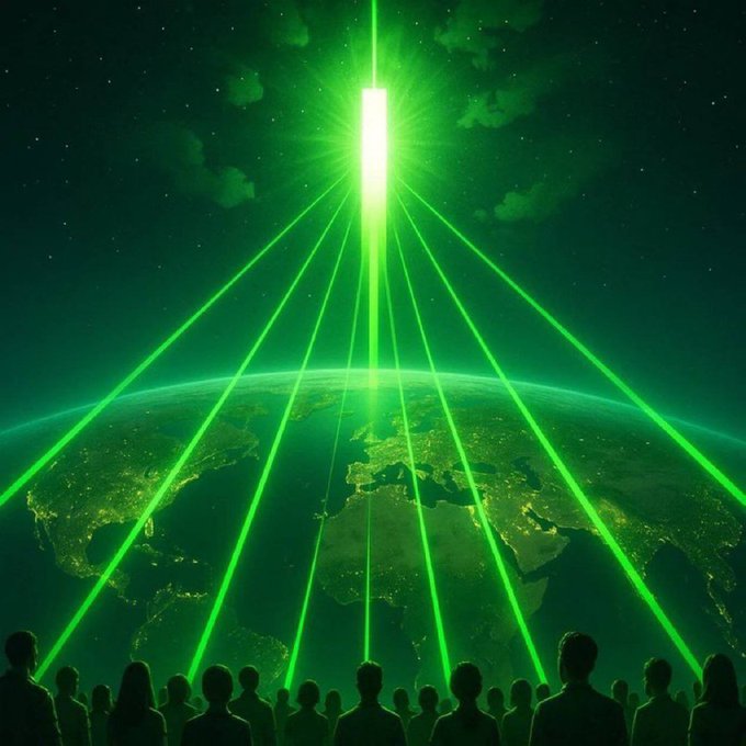 The image depicts a crowd of silhouetted figures gazing up at a glowing green beam descending from the sky onto Earth, with radiant rays fanning out across the globe—visually symbolizing the "parabolic pump" and massive surge in price referenced in the post.