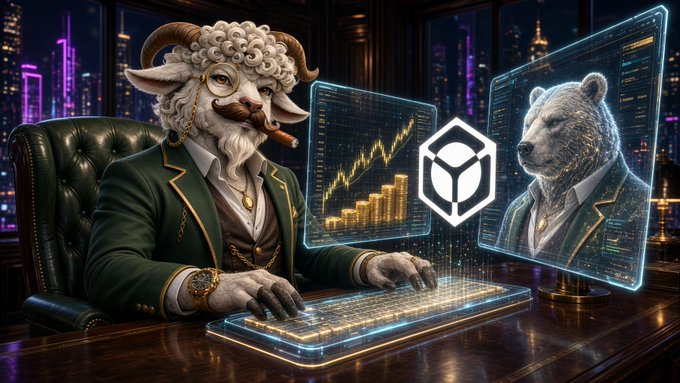 A digital artwork of an anthropomorphic sheep in a green suit smoking a cigar, sitting in a leather chair and looking at holographic financial charts, with a glowing crypto logo and a bear hologram nearby.