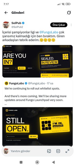 The image shows a Twitter repost by SolPub (@SolPub2) sharing a Fungo Labs announcement about whitelist spots and an upcoming Fungo Launchpad, featuring yellow and black graphics reading "ARE YOU IN?", "SEALED: IN REVIEW", "STILL OPEN," and "I'M IN" — directly supporting the user's call for community members to participate in Fungo Labs' whitelist event.