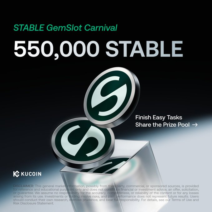 The image features two green coins stacked on top of each other inside a glass cube. The text "Global payments shouldn't require complex infrastructure or unpredictable fees" is written below the coins. This message seems to be related to the STABLE campaign, which aims to promote stablecoins and simplify global payments using low-cost, real-world transactions at scale.