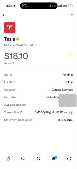 A mobile banking app screenshot shows a pending Tesla transaction dated Sep 2, 2026 for $18.10 with Transaction ID 'Cef5DQMHgtzfnst23f2zw' and statement description 'TESLA, INC.'