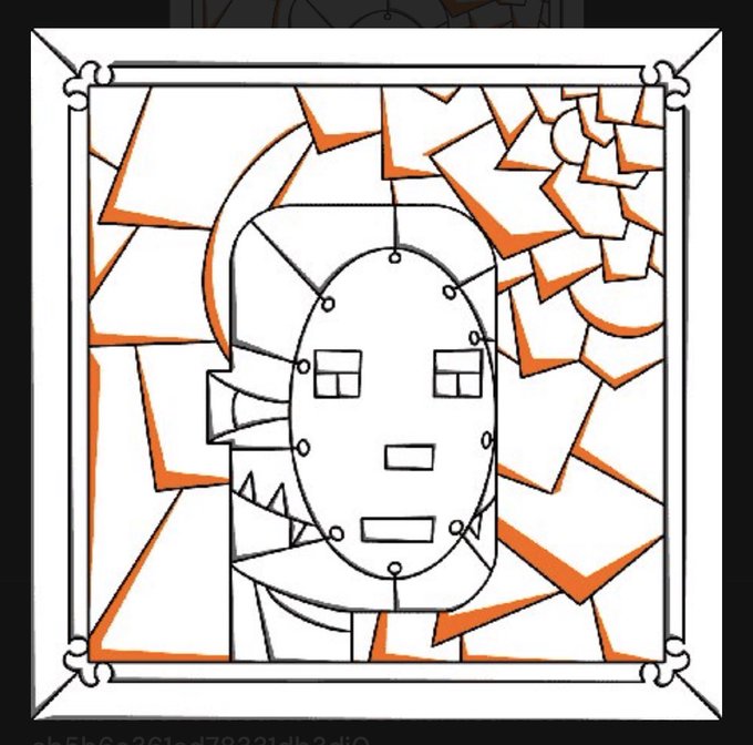 A stylized black and white line drawing of a hockey mask with orange accents, set within a decorative square frame.