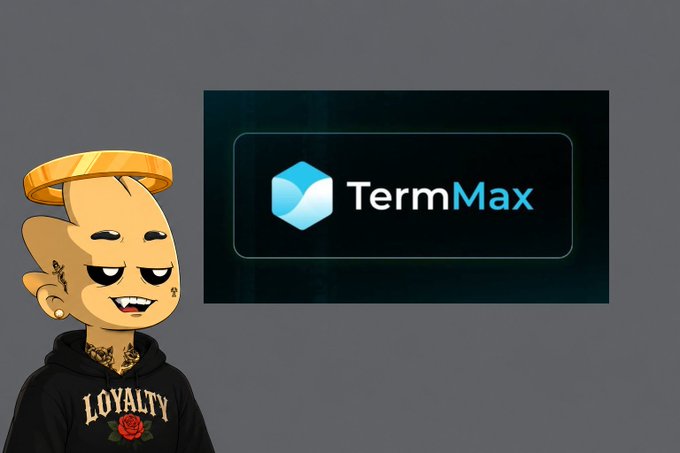 The image features an animated character with a halo, tattoos, and a "LOYALTY" hoodie alongside a "TermMax" logo banner, visually promoting the project mentioned in the post about TermMax's role in expanding diverse fixed-rate lending options for healthier crypto markets.