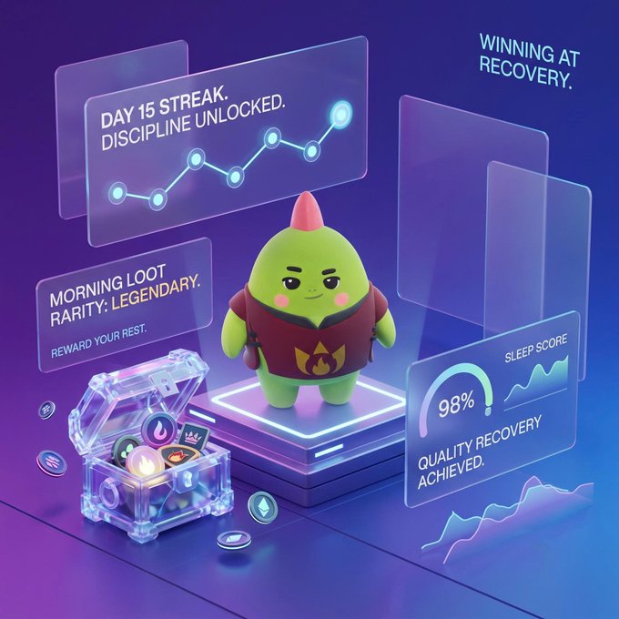 A 3D illustration of a green character standing on a glowing platform with holographic screens displaying text including 'DAY 15 STREAK. DISCIPLINE UNLOCKED.', 'MORNING LOOT RARITY: LEGENDARY.', 'SLEEP SCORE 98% QUALITY RECOVERY ACHIEVED.', and 'WINNING AT RECOVERY.'