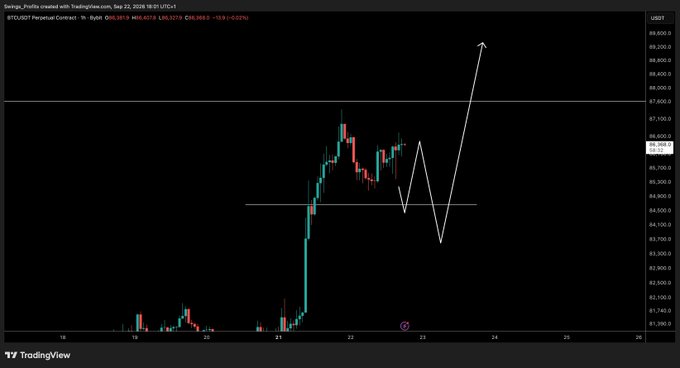 A TradingView chart of BTC/USDT Perpetual Contract (Bybit) showing price action around $66,350 with an arrow-drawn projection indicating one final downward leg before a major upward move, visually illustrating the post's forecast of a possible short-term dip before a bullish rally.