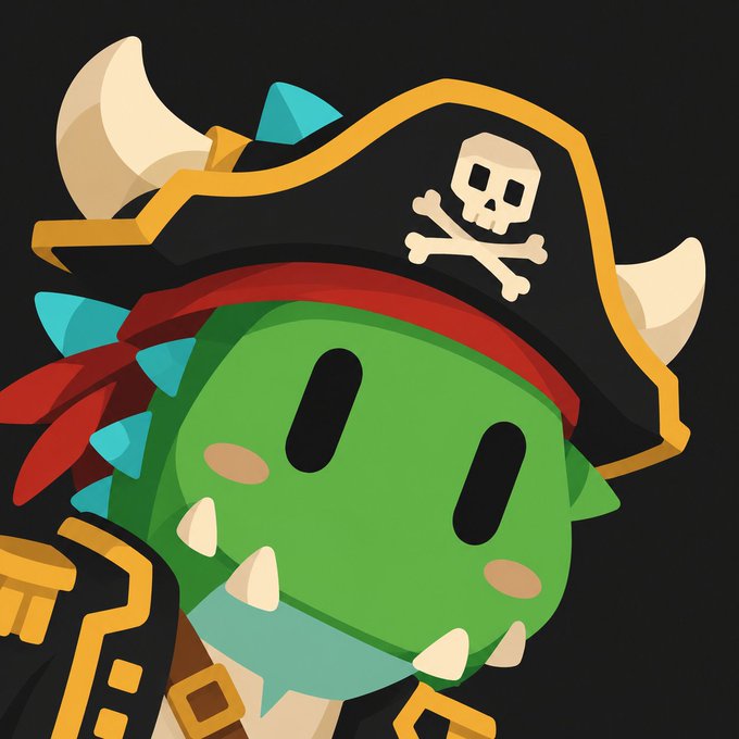 A cartoon character that appears to be a green zombie or goblin pirate wearing a black hat with skull and crossbones, an eyepatch, and a red bandana.