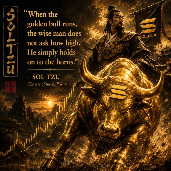 The image features a golden bull with the Solana logo charging forward, ridden by a warrior resembling a philosopher in traditional Chinese attire, set against a dramatic mountain landscape with a candlestick chart. Text reads: "SOL TZU" (vertical), "When the golden bull runs, the wise man does not ask how high. He simply holds on to the horns." attributed to "SOL TZU, The Art of the Bull Run," with a Solana banner in the background. The artwork cleverly merges Solana branding with a satirical "Art of War"–style homage, visually reinforcing the accompanying quote about holding strong during a bullish run.