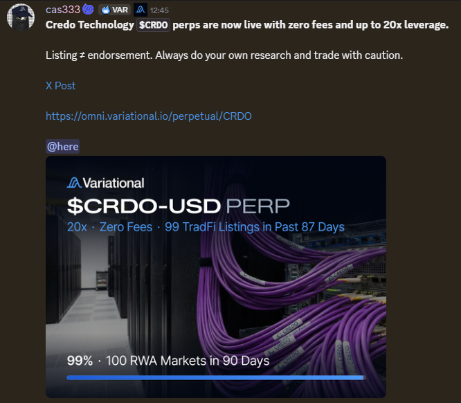Tweet from cas333 announcing 'Credo Technology $CRDO perps are now live with zero fees and up to 20x leverage' on Variational, including a promotional image for $CRDO-USD PERP.