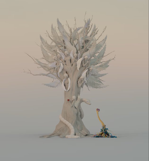 A sculptural artwork featuring a pale tree-like form with white winged figures nestled in its branches, accompanied by a small yellow bird-like creature with colorful threads at its base, set against a soft gradient background.