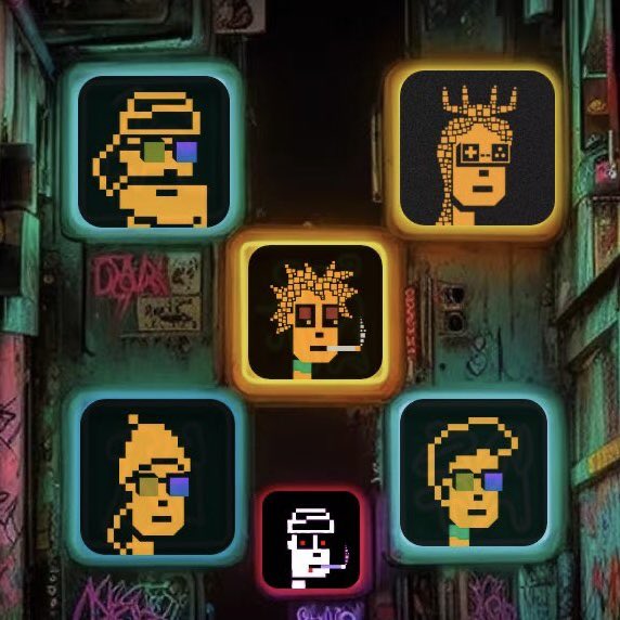 A digital artwork displaying pixel-art portraits of CryptoPunks displayed in glowing square frames mounted on a graffiti-covered urban wall.