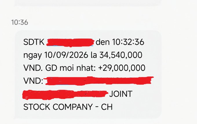 A redacted SMS message in Vietnamese showing a stock transfer of 34,540,000 VND with a transaction ID dated 10/09/2026, mentioning JOINT STOCK COMPANY.