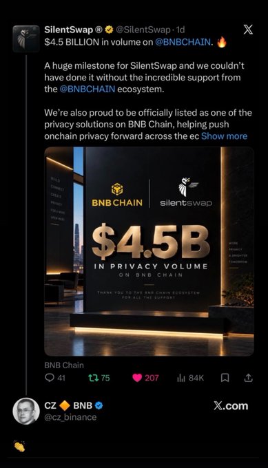 A screenshot of an X (Twitter) post from @SilentSwap celebrating '$4.5 BILLION in volume on @BNBCHAIN,' featuring an image of the milestone with BNB Chain and Silentswap logos.
