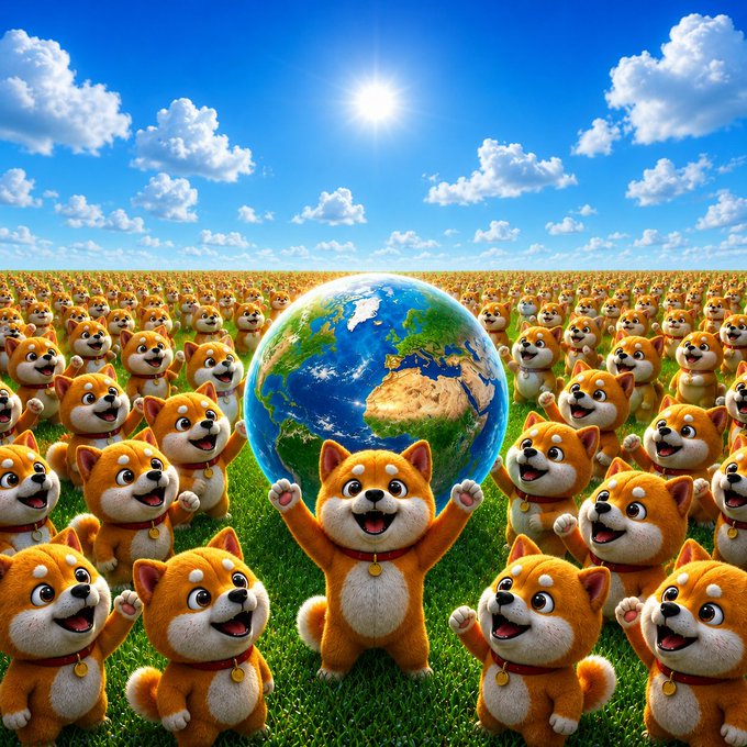 A vibrant 3D illustration shows a large group of cartoon Shiba Inu dogs (resembling the BabyDoge meme coin mascot) gathered in a green field under a bright sun, with the central dog standing before a floating globe of Earth.