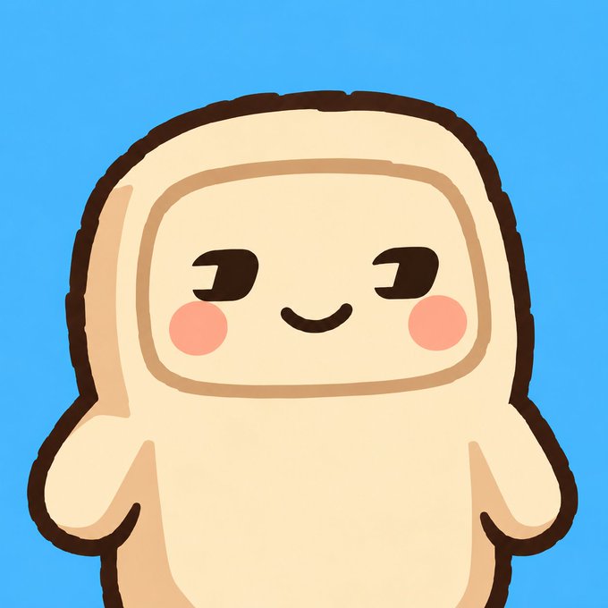 A simple cartoon illustration of a cute beige marshmallow-shaped character with a smiling face and pink cheeks against a bright blue background.