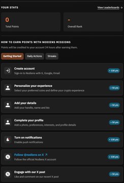 A mobile app interface titled "YOUR STATS" showing "Total Points" of 0 and "Overall Rank," with a section "HOW TO EARN POINTS WITH NOIDEX MISSIONS" listing tasks like "Create account," "Personalize your experience," and "Turn on notifications" each worth various point amounts.