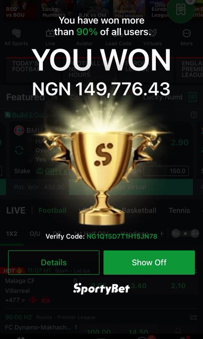 The image shows a SportyBet winning notification displaying "YOU WON NGN 149,776.43" with a golden trophy graphic and the verify code NG1Q15D7T1H15JN78. It relates to the post's message about returning to winning ways after a couple of losses on prediction markets.