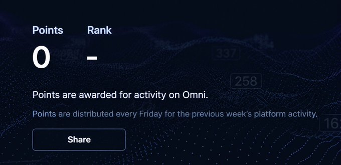A dark-themed dashboard interface displays 'Points 0' and 'Rank –' with text stating 'Points are awarded for activity on Omni' and a 'Share' button.