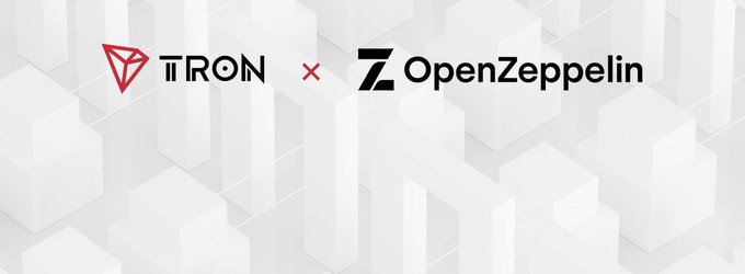 A white promotional graphic featuring the logos of TRON and OpenZeppelin with an 'x' between them, set against a background of white 3D cubes.