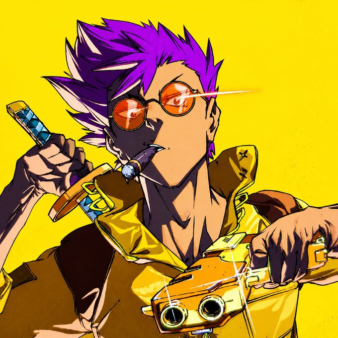 A stylized anime illustration shows a purple-haired character in orange-tinted glasses and a yellow jacket holding a compact camera, with a small device near the shoulder.