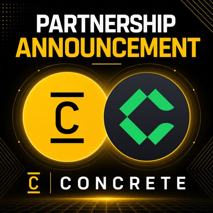 A 'PARTNERSHIP ANNOUNCEMENT' graphic displaying a yellow 'IĆ' logo alongside a green geometric logo, with the word 'CONCRETE' below.