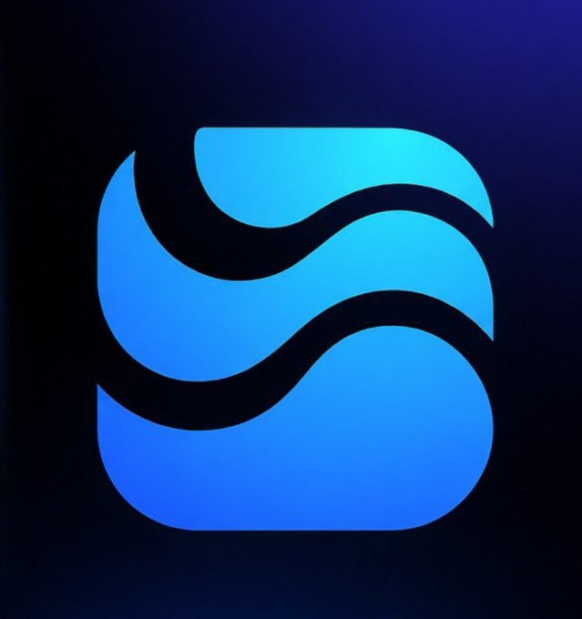 Stylized blue and cyan wave-like logo on a dark background, resembling the Sui blockchain logo.