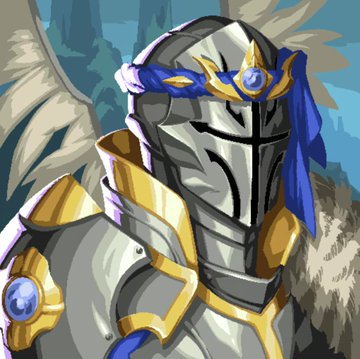 An anime-style illustration of a knight or warrior character wearing silver and gold armor with a blue sash and a headband featuring a blue gem.