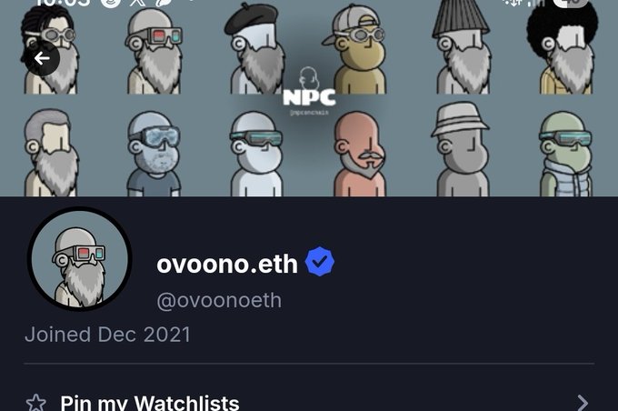 A social media profile screenshot shows the username 'ovoono.eth' with a blue checkmark, joined Dec 2021, with a profile picture of a bearded cartoon character and a banner displaying various similar cartoon avatars under the 'NPC' brand.