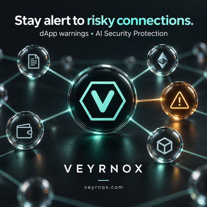 A VEYRNOX (veyrnox.com) advertisement reading 'Stay alert to risky connections. dApp warnings • AI Security Protection', featuring a central hexagonal 'V' logo connected to various icons including a warning symbol, document, and folder.