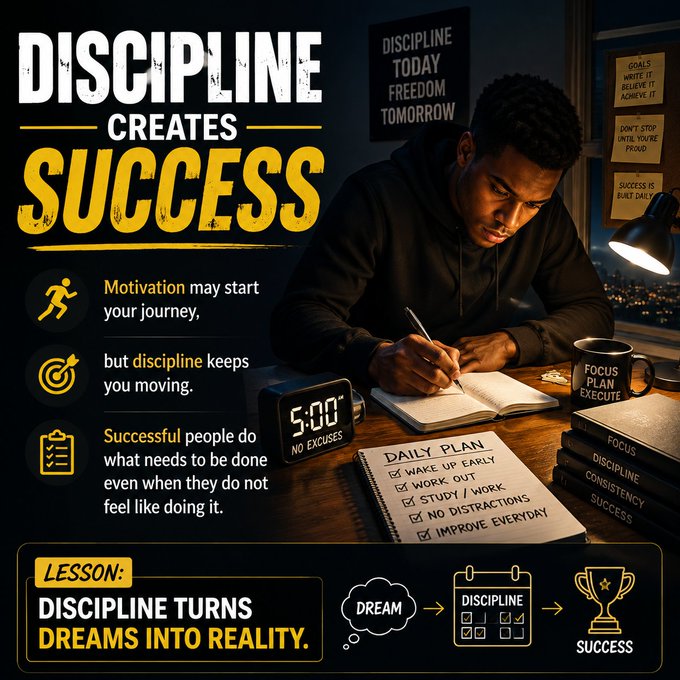 A motivational graphic titled 'DISCIPLINE CREATES SUCCESS' showing a young man studying at night, with text emphasizing that 'Discipline turns dreams into reality.' and a daily plan checklist.